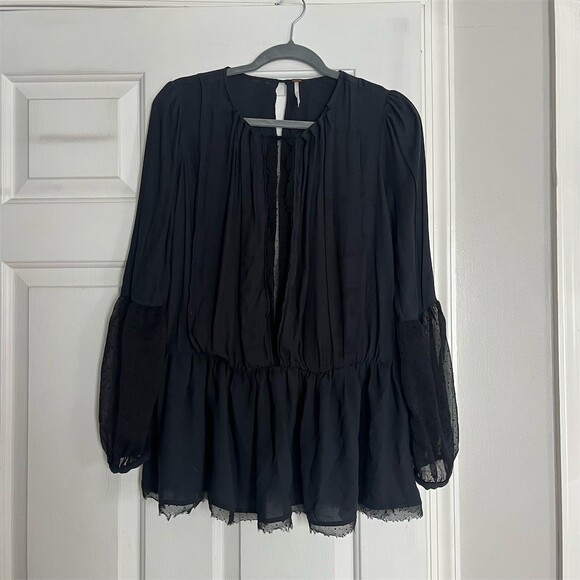 Free People Blouse Womens XS Black Sheer Swiss Dot Long Sleeve Peplum Boho - Picture 2 of 7